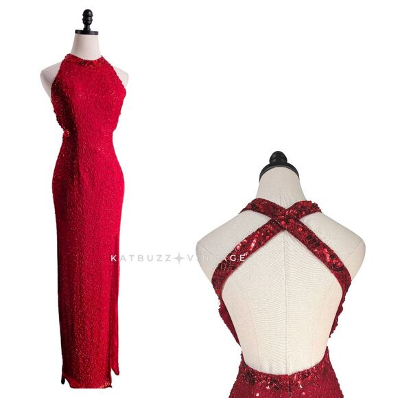 Vintage Cache Prom Dress Maxi Gown Red XS Glam Silk Bead 90s Y2K Pageant Classic - Picture 2 of 16